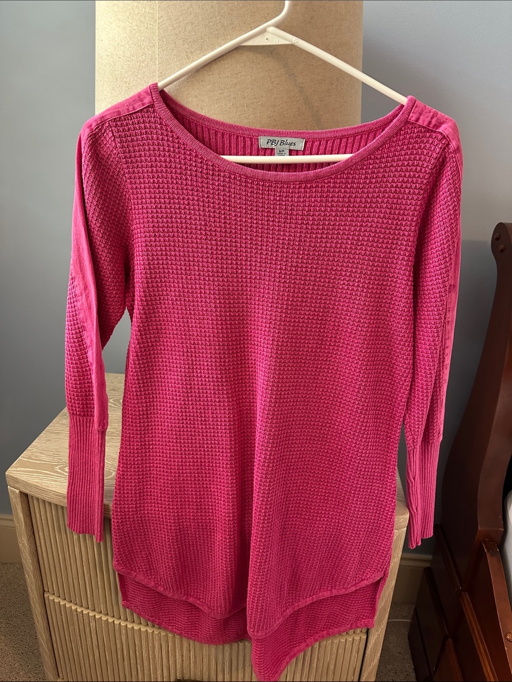Waffle Knit Hot Pink Garment Washes Long Sleeve Tunic Sweater